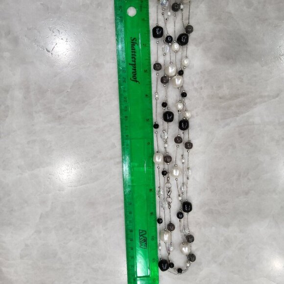 Multi Strand Black and Rhinestone Beads and Faux Pearl Necklace - Picture 4 of 4